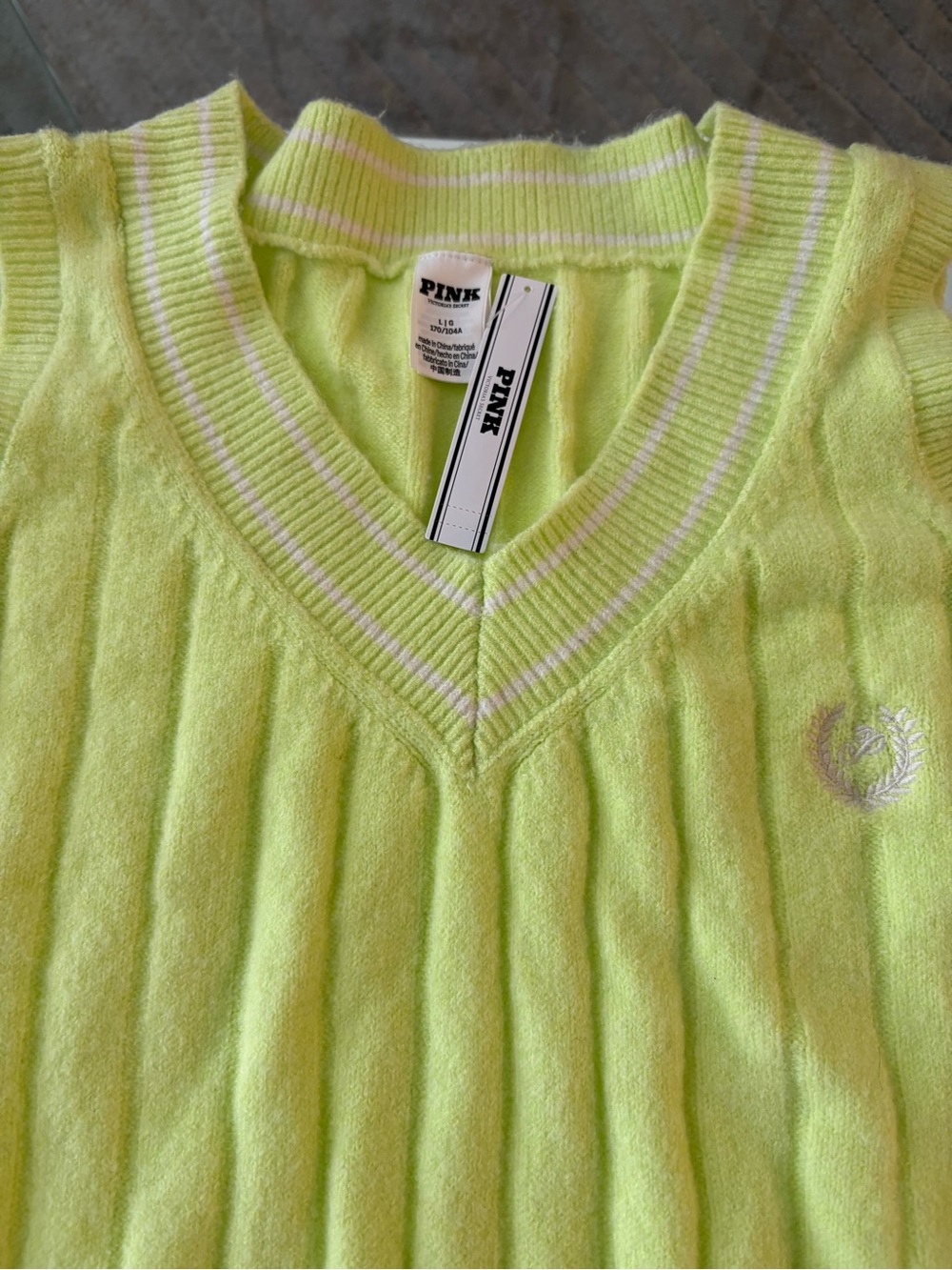 💚 PINK Victoria’s Secret Varsity Knit Sweater Vest Neon Lime NWT - Picture 3 of 5